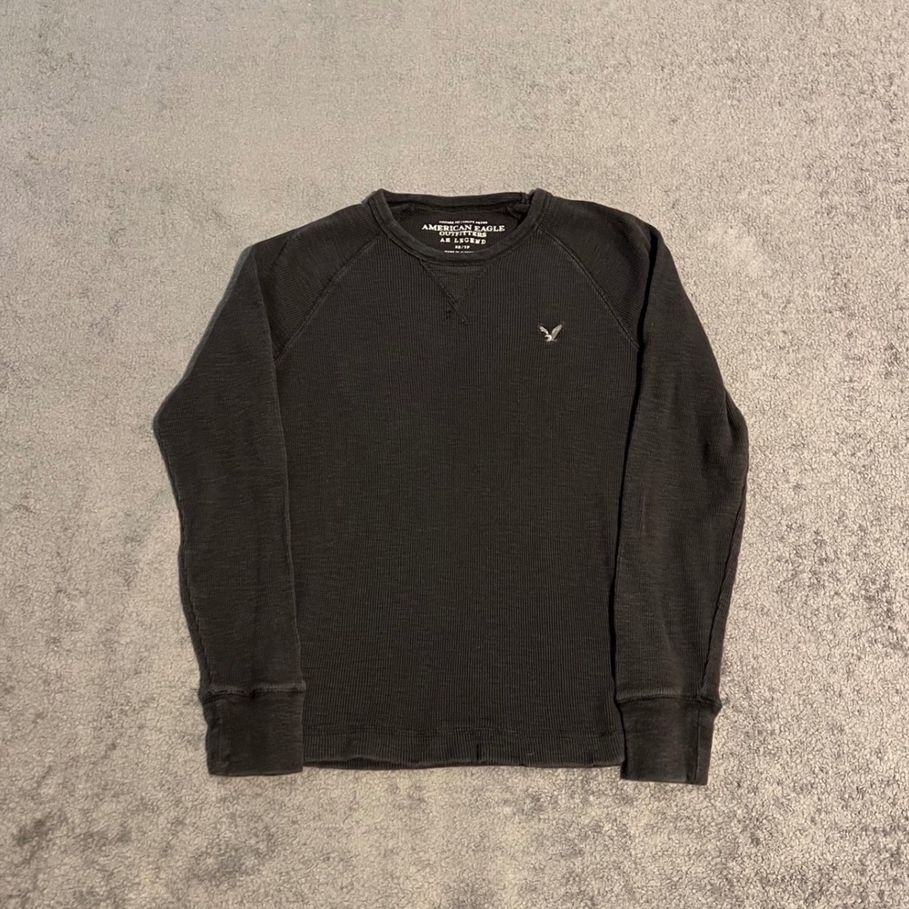 Vintage Y2K American Eagle Thermal Shirt Mens XS Black Waffle Knit Long Sleeve